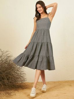 RARE - Women Casual Black Colour Midi Checked Dress