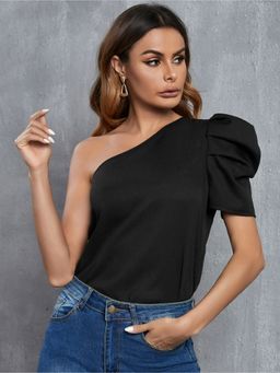 RARE - Women Casual Black Color One Shoulder Solid Regular Top