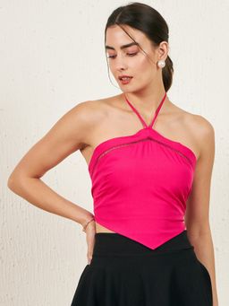 RARE - Women Casual Hot Pink Colour Halter Neck Solid Crop Top