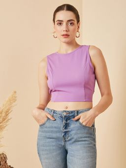 RARE - Women Casual Lavender Colour Round Neck Solid Crop Top