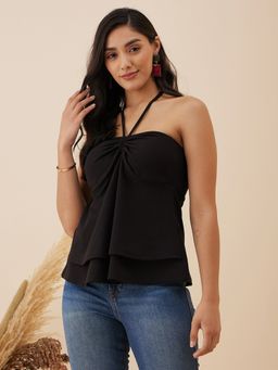 RARE - Women Casual Black Colour Halter Neck Solid Regular Top