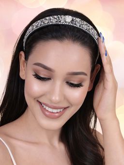 OOMPH - Women White and Grey Crystal Padded Party Hair Band