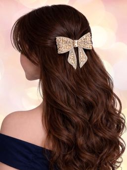 OOMPH - Women Beige Crystal Butterfly Bow Hair Clip