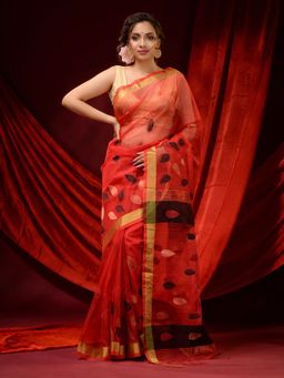 CHARUKRITI - Brick Red Muslin Handwoven Woven Motifs and Zari Borders Saree with Unstitched Blouse