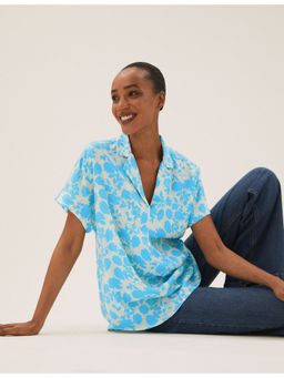 Marks & Spencer - Blue Floral Collared Short Sleeve Popover Top