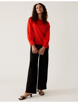 Marks & Spencer - Red Satin Round Neck Long Sleeve Top