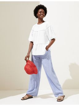 Marks & Spencer - White Round Neck Puff Sleeve Top With Linen