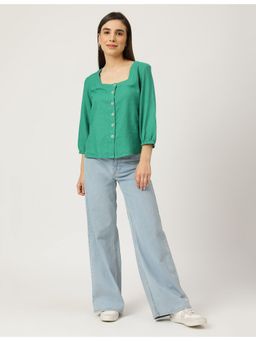 Marks & Spencer - Linen Mix Plain Green Square Neck Top