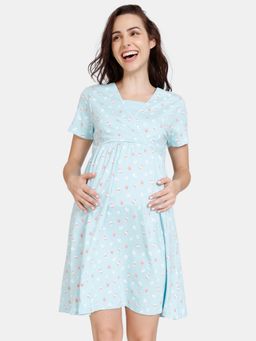 Zivame - Maternity Bunny Rolls Knit Cotton Knee Length Nightdress - Plume Blue