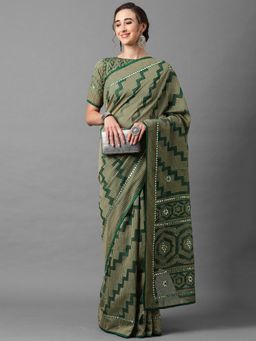 Akhilam - Green Casual Brasso Geomatric Print Saree with Unstitched