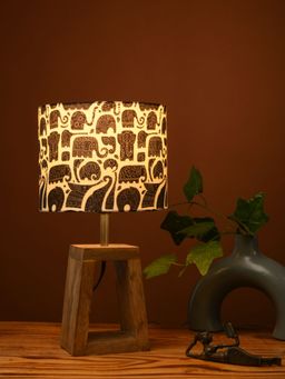 Green Girgit - Wooden A-Shape Brown Lamp with Black Elephant Multi-Color Shade