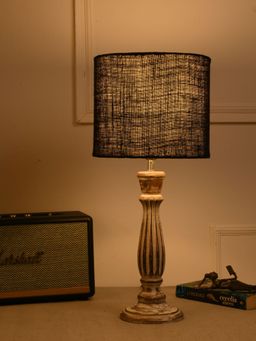 Green Girgit - Athens Wooden Lamp In Distress White Color with Jute Black Shade