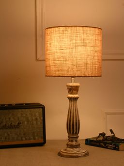Green Girgit - Athens Wooden Lamp In Distress White Color with Jute Brown Shade