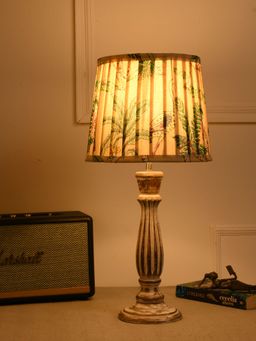 Green Girgit - Athens Wooden Lamp In Distress White Color with Pleated Multi-Color Green Shade