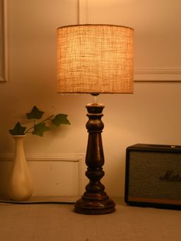 Green Girgit - Classic Wooden Lamp In Walnut Brown Color with Jute Brown Shade