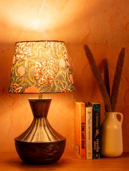 Green Girgit - Copper Floral Etched Pot Lamp with Multi-Color Taper Blue Shade