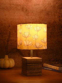 Green Girgit - Wooden Stripped Cube Lamp with Multi-Color Mustard Flora Shade