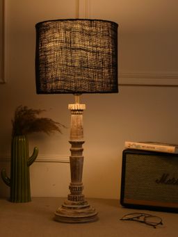 Green Girgit - Empire Wooden Lamp In Distress White Color with Jute Black Lamp Shade