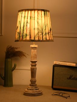 Green Girgit - Empire Wooden Lamp In Distress White Color with Pleated Multi-Color Green Shade