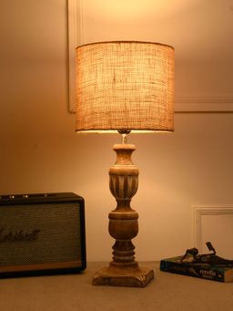 Green Girgit - Roman Wooden Lamp In Twin Color with Jute Brown Shade