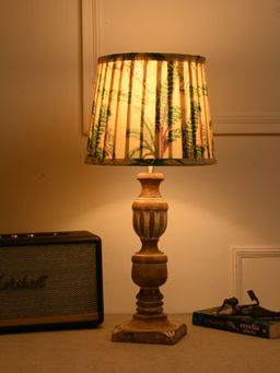 Green Girgit - Roman Wooden Lamp In Twin Color with Pleated Multi-Color Green Shade