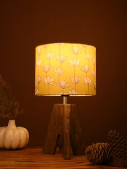 Green Girgit - Wooden Three Leg Small Lamp with Mustard Flora Multi-Color Shade