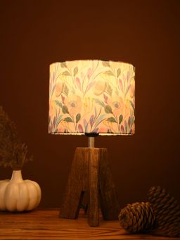 Green Girgit - Wooden Three Leg Small Lamp with Pink Flower Multi-Color Shade