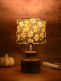 Green Girgit - Wooden Carved Lamp with Black Flowers Multi-Color Shade