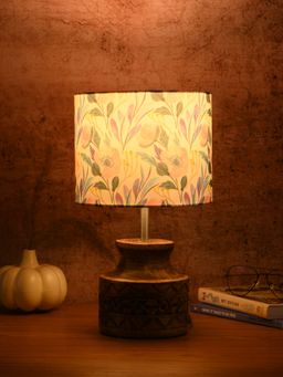 Green Girgit - Wooden Carved Lamp with Pink Floral Multi-Color Shade