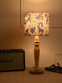 Green Girgit - Wooden Round Lamp with Blue Leaves Lamp Shade