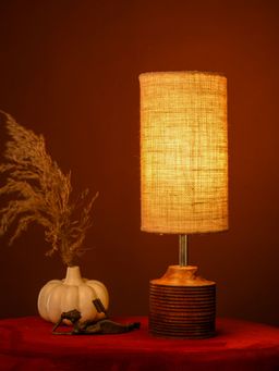Green Girgit - Brown Stripped Wooden Lamp with Jute Brown Lamp Shade
