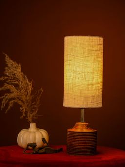 Green Girgit - Brown Stripped Wooden Lamp with Jute White Lamp Shade