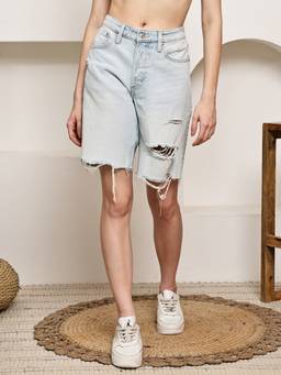 NOBARR - Women Distressed Knee Length Denim Blue Shorts