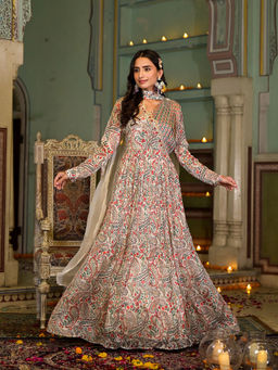 Divena - Beige Printed Chinon Fabric Party Maxi Dress With Dupatta (Set of 2)