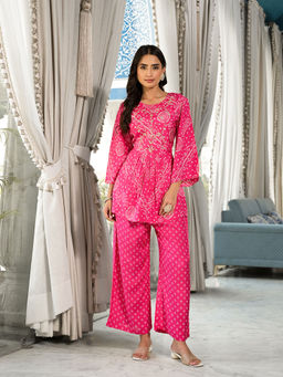 Divena - Pink Embroidered Pure Muslin Tunic & Trouser Co-Ord (Set of 2)