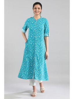 Aurelia - Blue Ethnic Floral Print Kurta In Band Collar