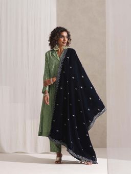 Swtantra - Navy Velvet Shawl with Silver Embroidery
