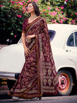 SANSKAR - Maroon Silk Cotton Batik Print Saree with Unstitched Blouse