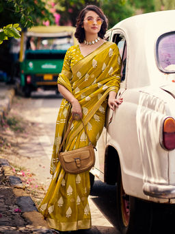 SANSKAR - Yellow Silk Cotton Batik Print Saree with Unstitched Blouse