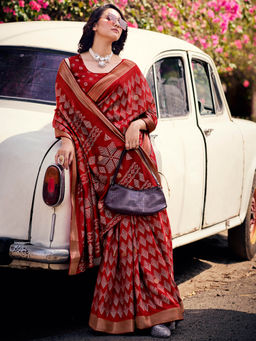 SANSKAR - Red Silk Cotton Batik Print Saree with Unstitched Blouse