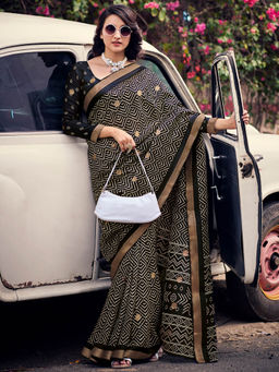 SANSKAR - Black Silk Cotton Batik Print Saree with Unstitched Blouse