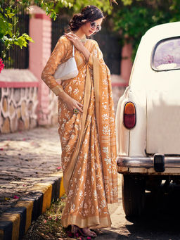 SANSKAR - Brown Silk Cotton Batik Print Saree with Unstitched Blouse