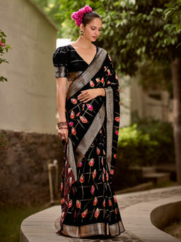 SANSKAR - Black Silk Cotton Batik Print Saree with Unstitched Blouse