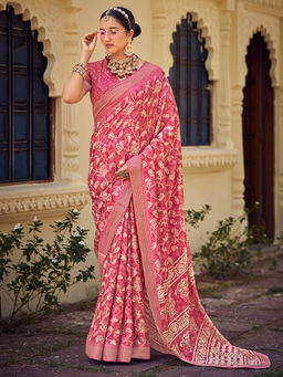 SANSKAR - Peach Silk Cotton Batik Print Saree with Unstitched Blouse