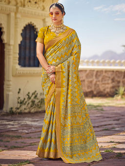 SANSKAR - Yellow Silk Cotton Batik Print Saree with Unstitched Blouse