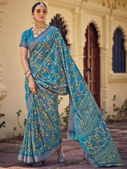 SANSKAR - Turquoise Silk Cotton Batik Print Saree with Unstitched Blouse