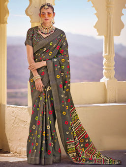 SANSKAR - Grey Silk Cotton Batik Print Saree with Unstitched Blouse
