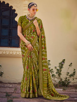 SANSKAR - Green Silk Cotton Batik Print Saree with Unstitched Blouse