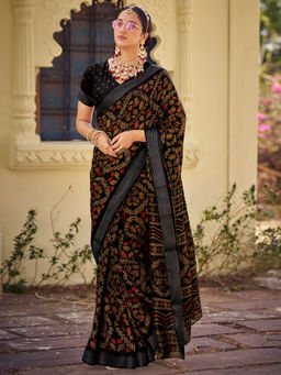 SANSKAR - Black Silk Cotton Batik Print Saree with Unstitched Blouse