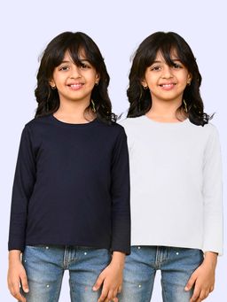 Nusyl - White and Navy Blue Solid Full Sleeves T-Shirt (Pack Of 2)